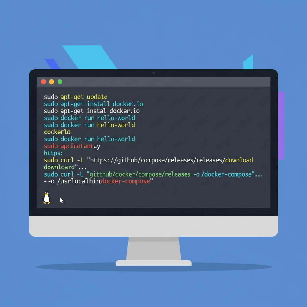 linux terminal installing docker and cli, code scrolling, dark mode syntax highlight