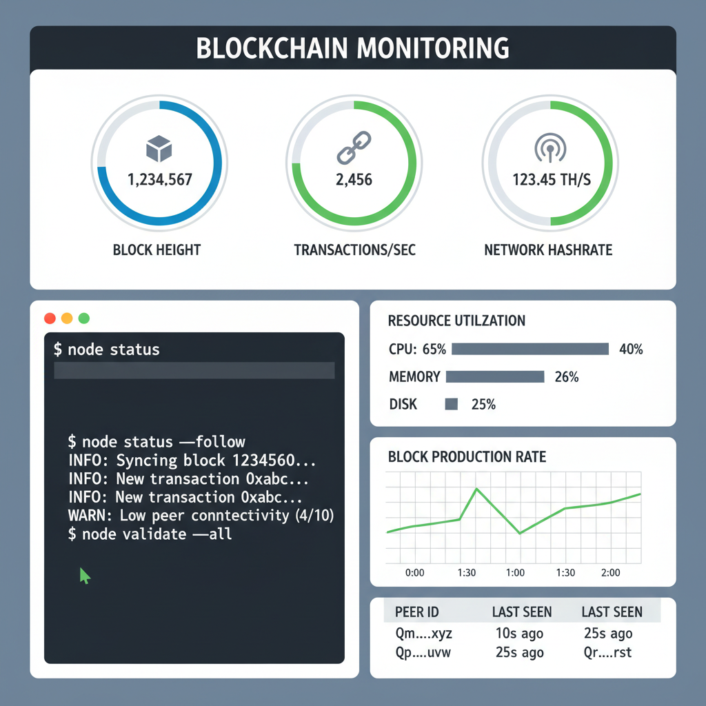 monitoring dashboard with graphs, CLI output, blockchain metrics realtime
