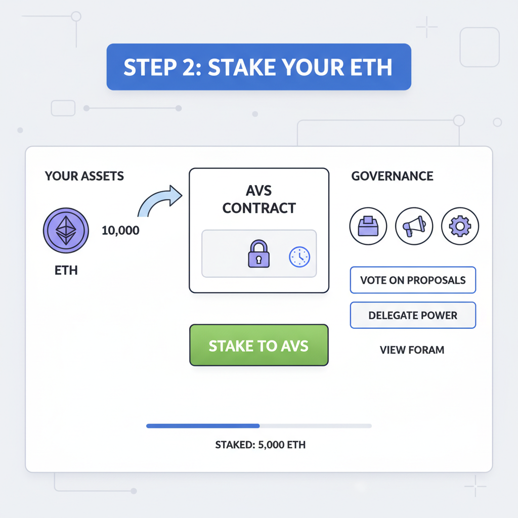 staking dashboard interface, ETH tokens flowing into AVS contract, governance UI