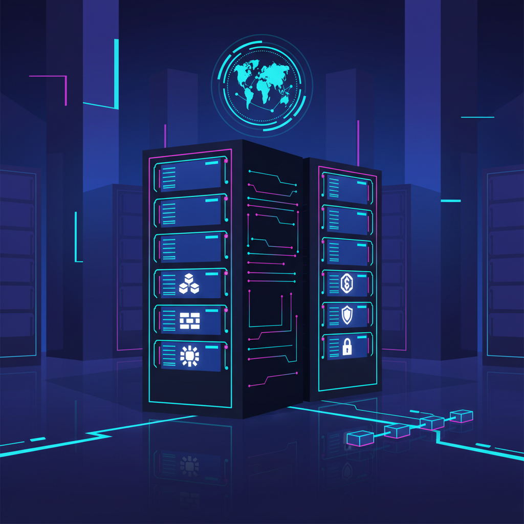 futuristic server hardware stack with blockchain icons, neon glow, high-tech data center