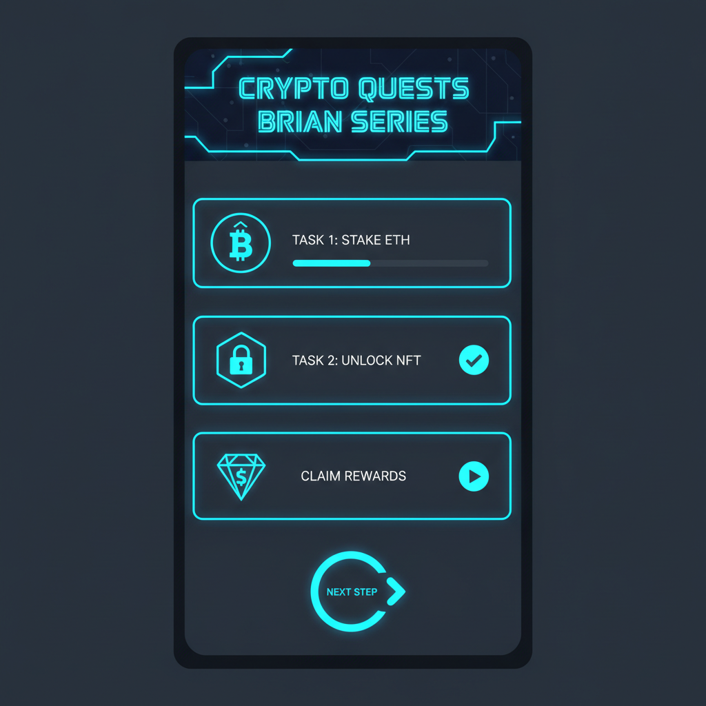 mobile app screen Base Me task hub glowing neon blue crypto quests Brian series banner futuristic UI