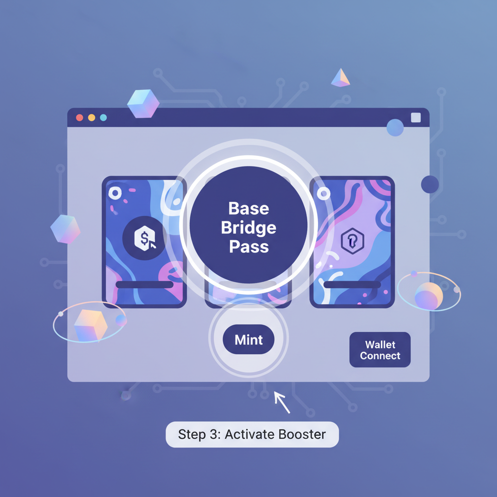 Base Me NFT marketplace screen booster cards Base Bridge Pass mint button wallet connect glowing artifacts