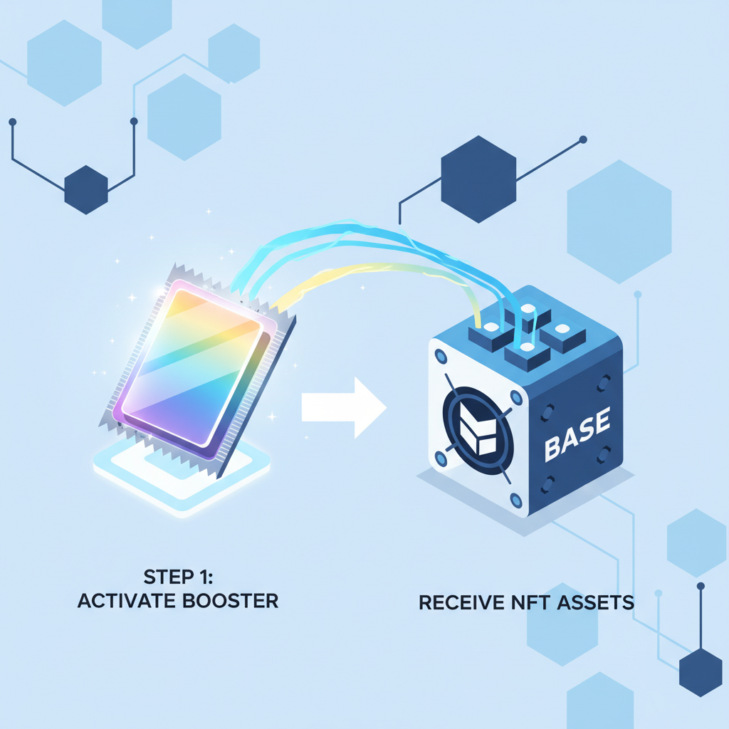shiny NFT card booster activating on miner, glowing effects, Base chain blockchain background