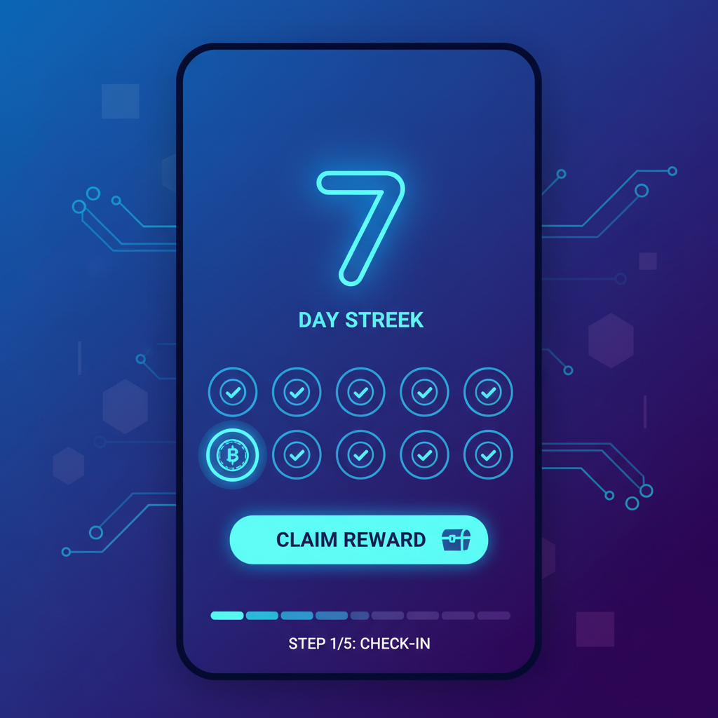 vibrant mobile app screen showing daily check-in streak counter at 7 days, crypto theme, neon blues