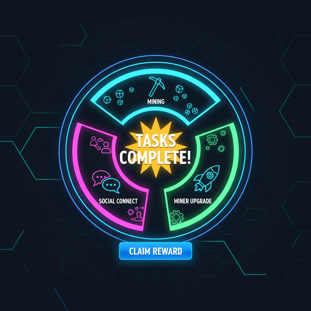 step-by-step Brian tasks completion screen spins mining social connect miner upgrade neon progress indicators