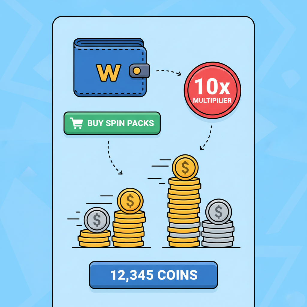 wallet buying spin packs, 10x multiplier badge, coins stacking up, app interface