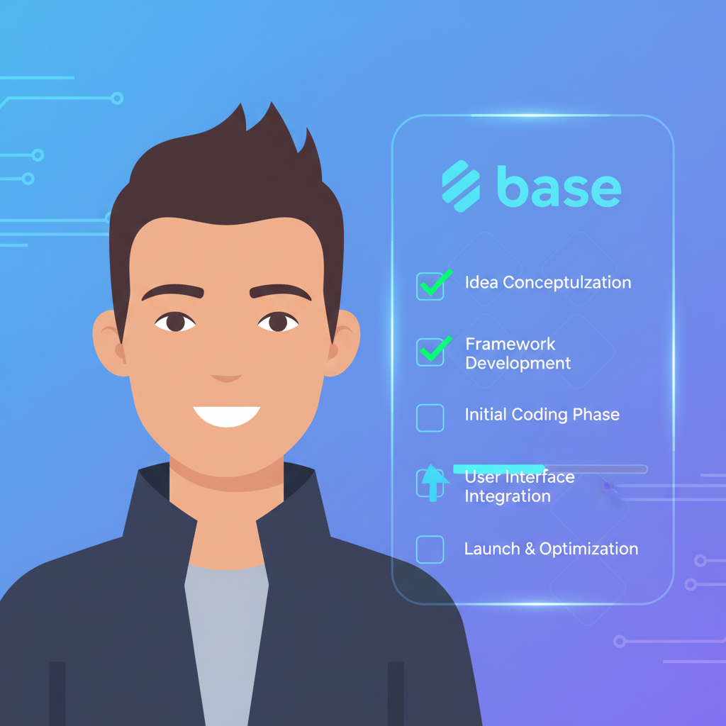 portrait of Jesse Pollak with task checklist completion, Base logo, futuristic UI overlay