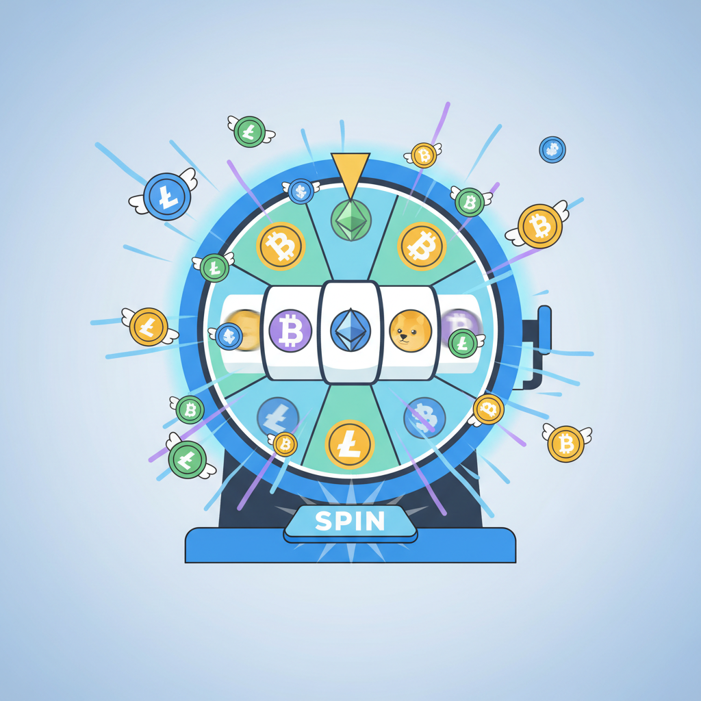 animated slot machine spin wheel with crypto coins flying out, Base Me app style, dynamic glow