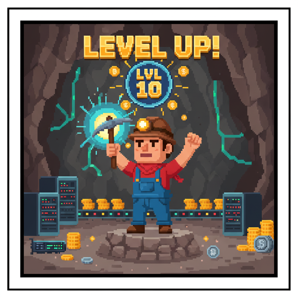 pixel art miner character leveling up to 10, pickaxe glowing, underground crypto mine