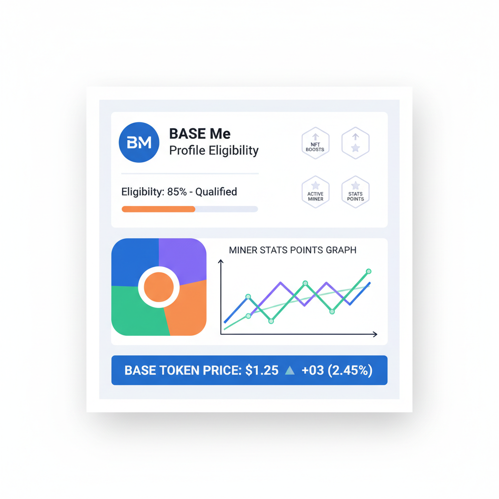 Base Me profile eligibility dashboard NFT boosts active miner stats points graph BASE token price ticker