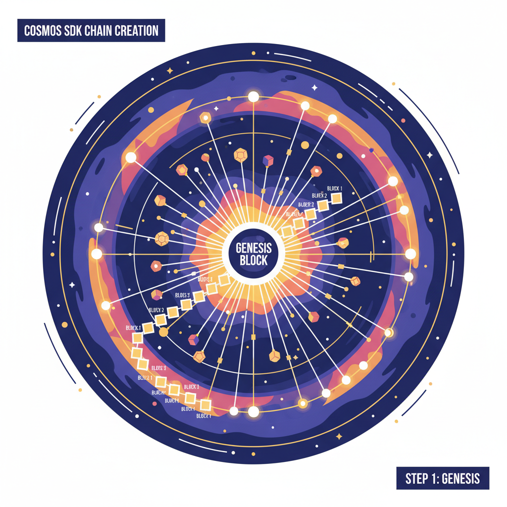 Cosmos SDK chain genesis block creation, exploding star network, vibrant cosmic colors