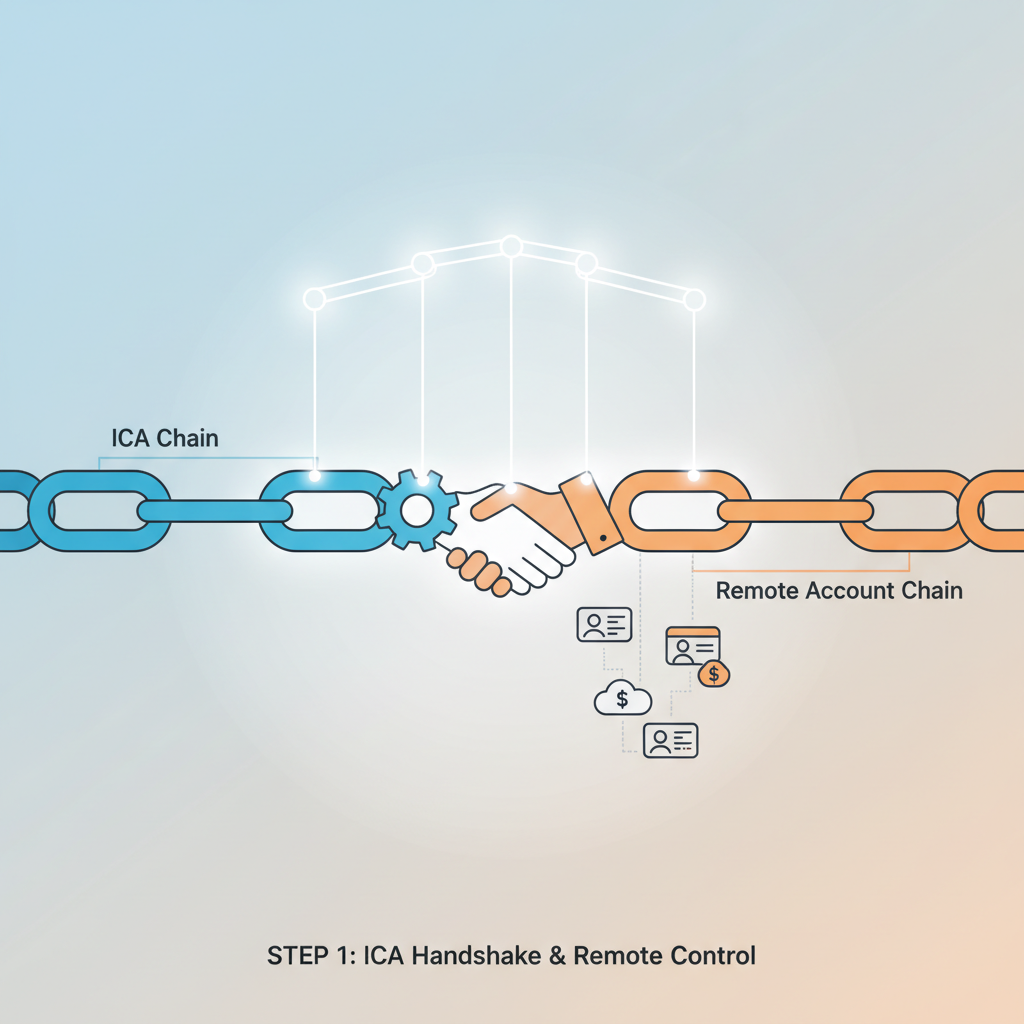 ICA handshake between chains, puppet strings controlling remote accounts, ethereal glow