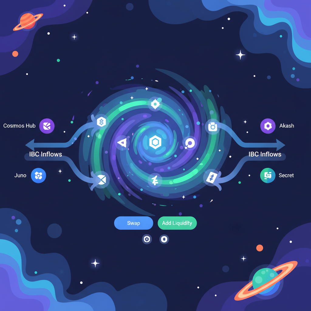 Osmosis DEX interface with IBC inflows, liquidity pools swirling, cosmic exchange hub