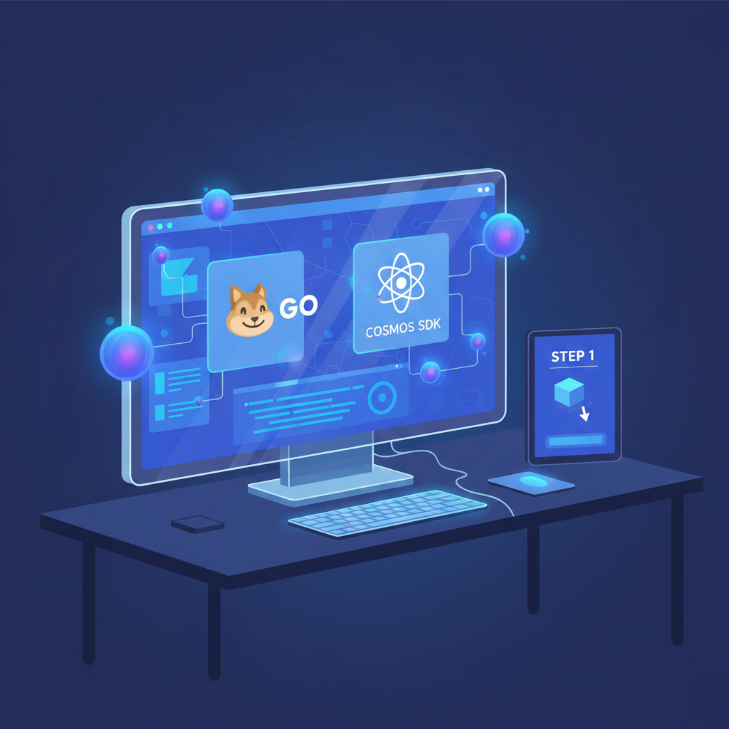 Developer workstation with Go, Cosmos SDK icons, glowing blockchain nodes, futuristic UI