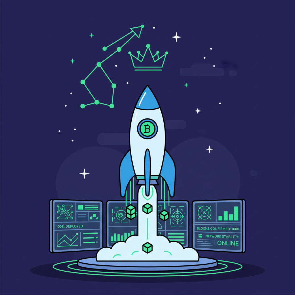 Blockchain deployment rocket launch, monitoring dashboards with green metrics, starry success