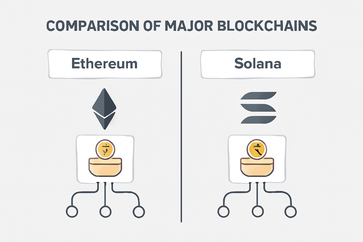 A comparison chart of major blockchains (Ethereum, Solana) with staking pool icons and network lines