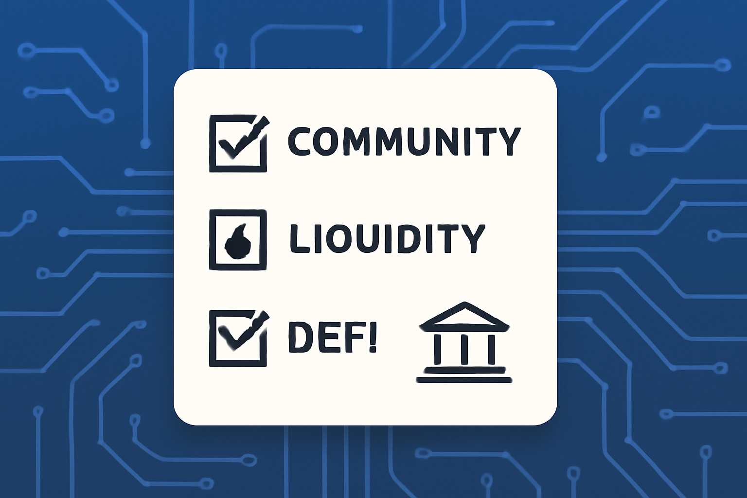 A checklist with icons for community, liquidity, and DeFi, set against a tech-inspired background