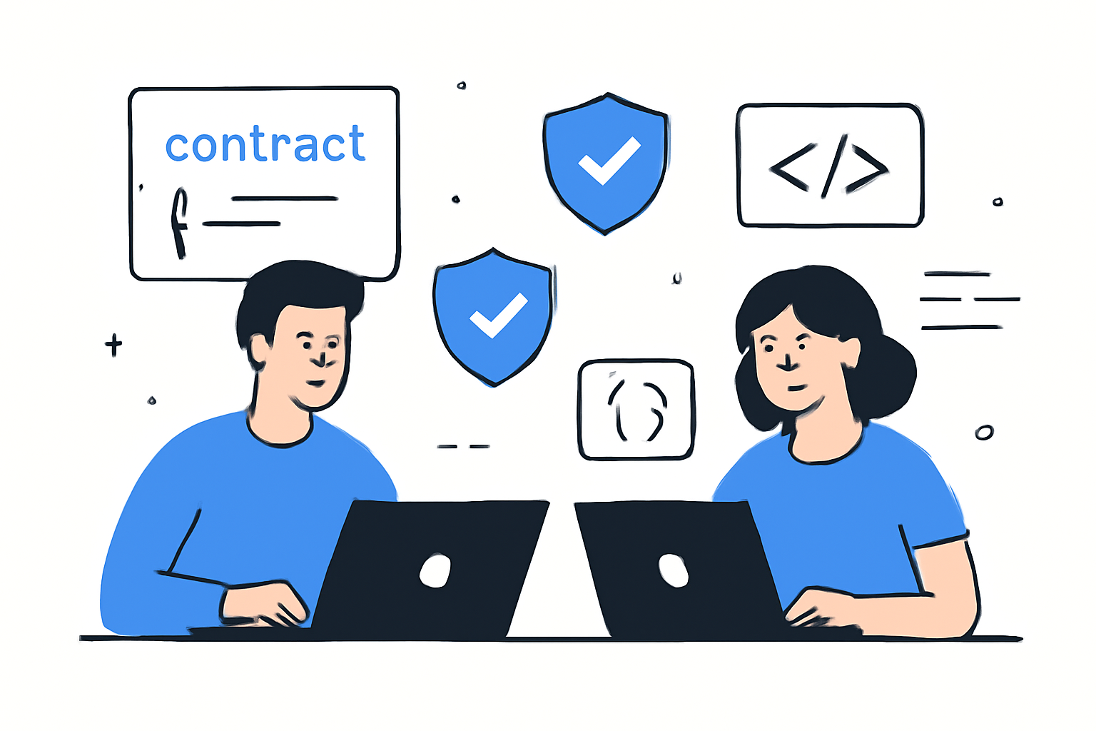Developers coding smart contracts on laptops, with code snippets and security shields floating around