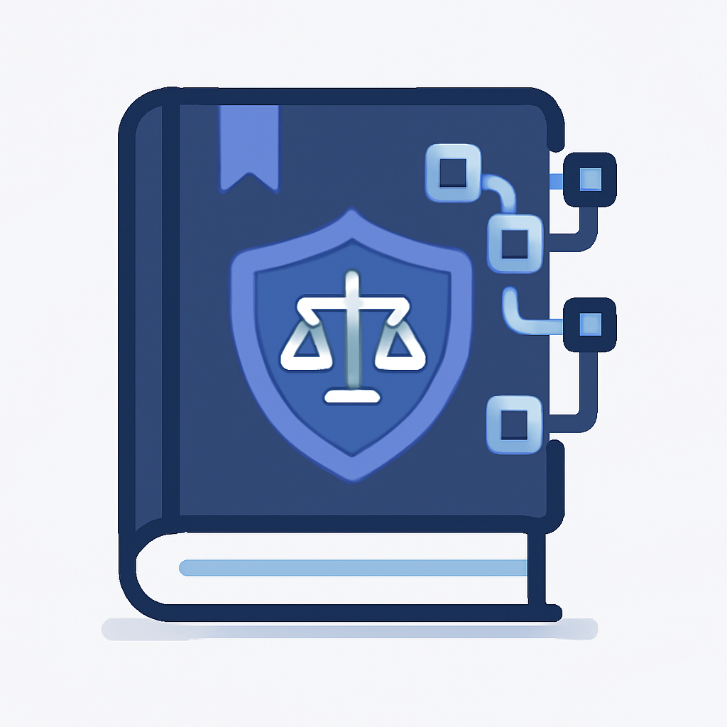 A digital law book with a shield and blockchain symbols, modern and clean
