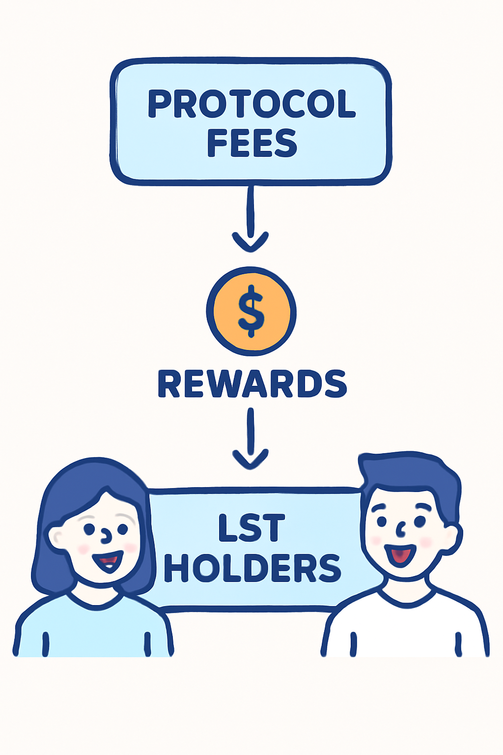 A flowchart showing rewards moving from protocol fees to LST holders, with coins and happy users