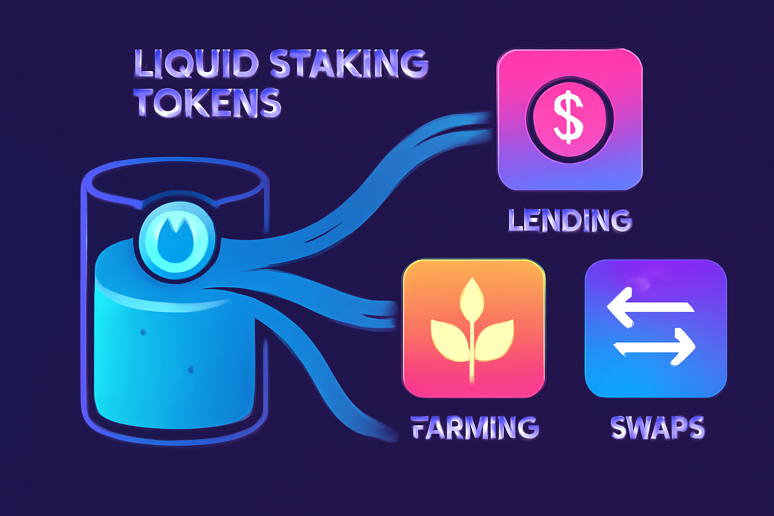 Liquid staking tokens flowing into various DeFi apps like lending, farming, and swaps, vibrant and futuristic