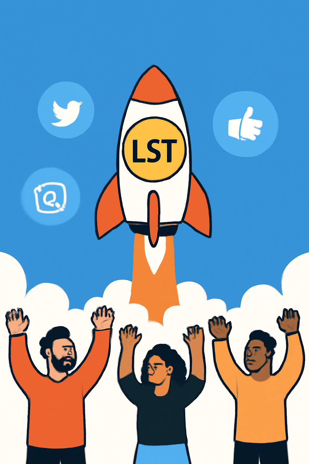 A rocket launching with LST tokens and community members cheering, social media icons in the background