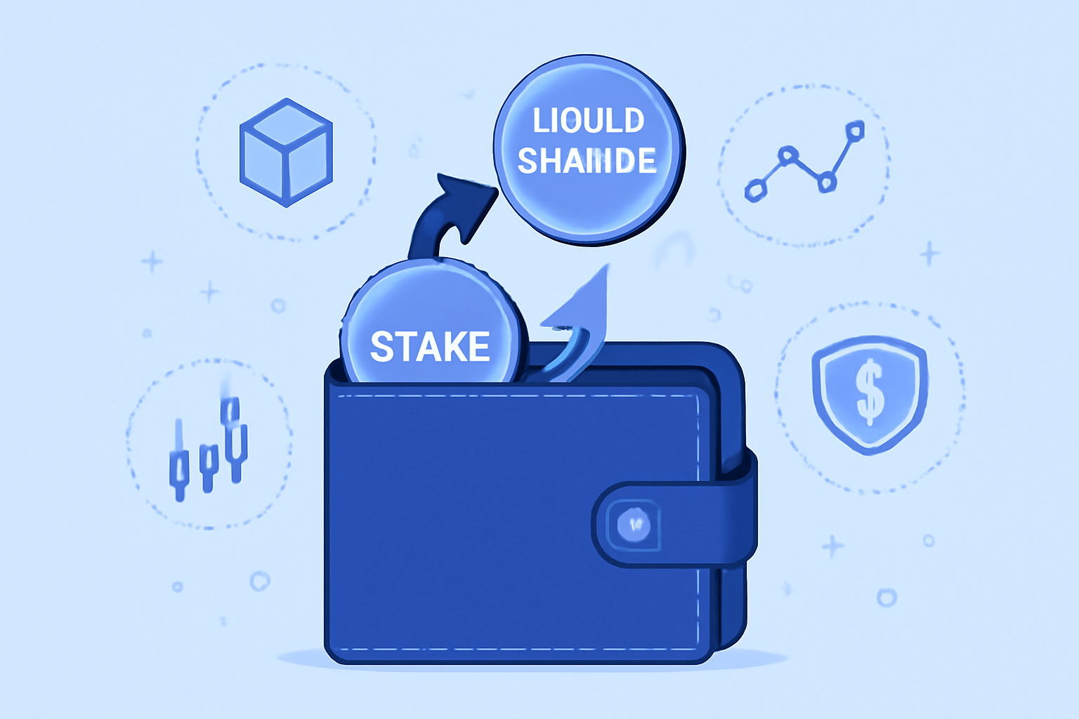A digital wallet displaying staked tokens transforming into liquid staking tokens with DeFi icons around it, futuristic style