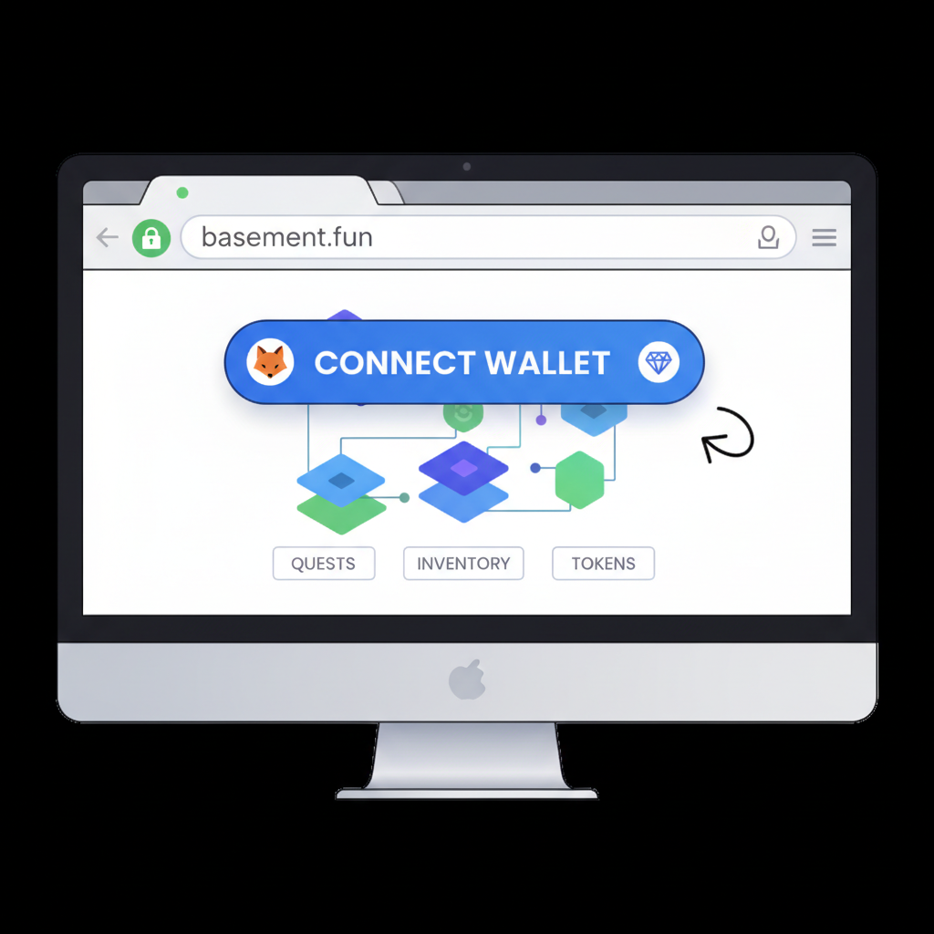 browser window connecting wallet to Web3 gaming site Basement.fun, secure lock icon, dynamic web3 dashboard