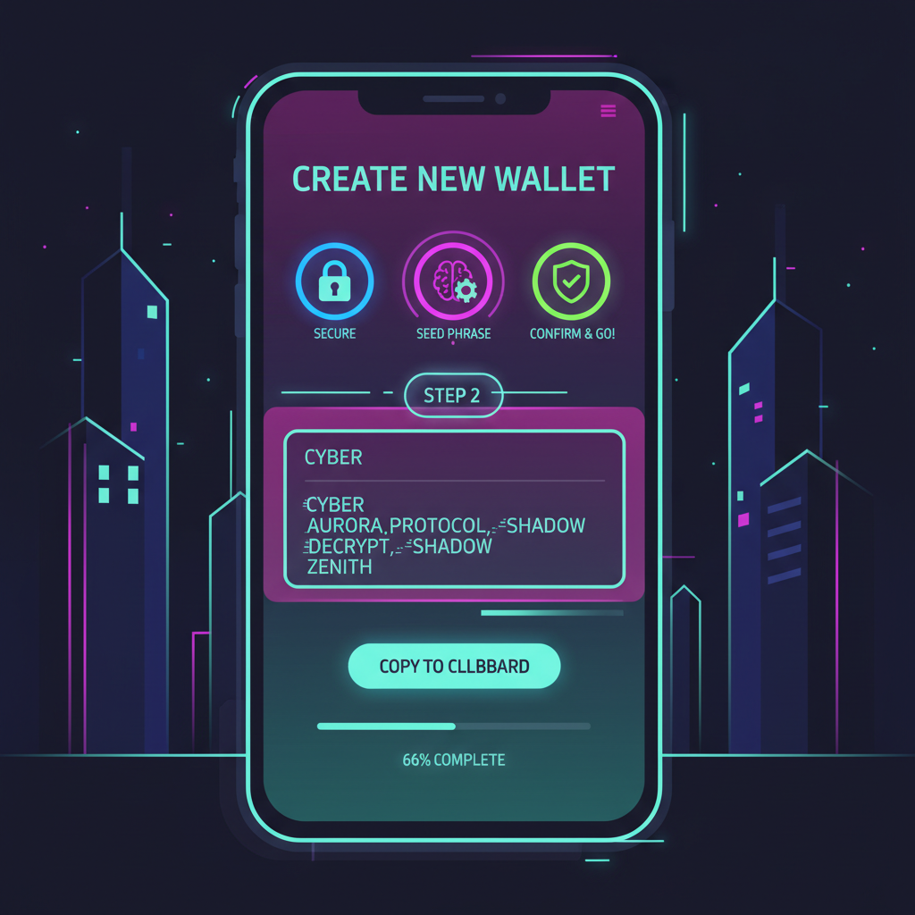 smartphone app creating new crypto wallet interface, vibrant neon cyberpunk style, futuristic UI