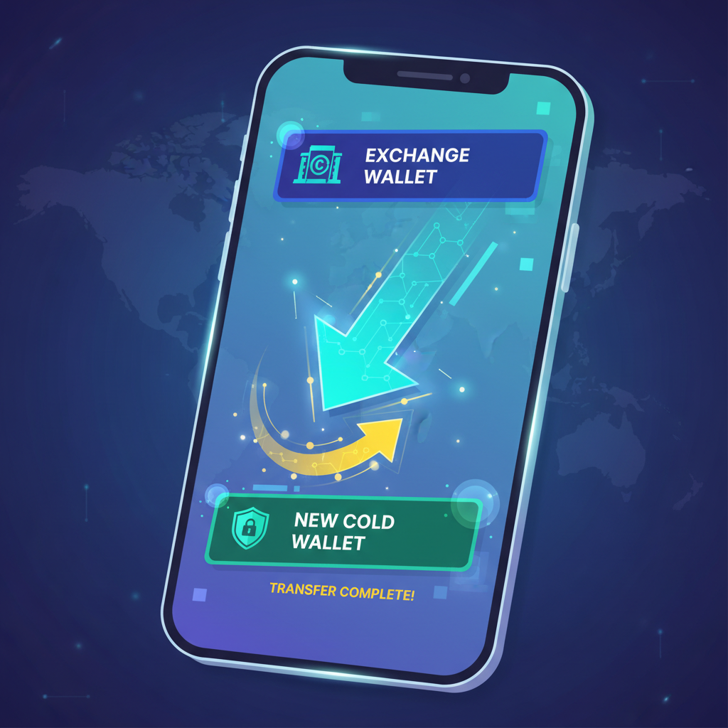 crypto transfer from exchange to new wallet on mobile screen, glowing blockchain arrows, energetic digital art