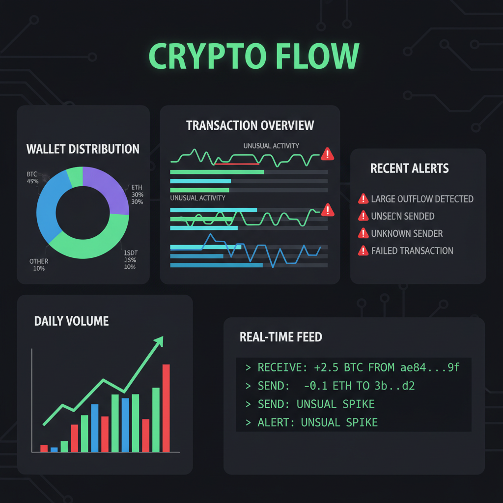 dashboard monitoring crypto wallet transactions, alert icons and graphs, dark mode hacker vigilant style