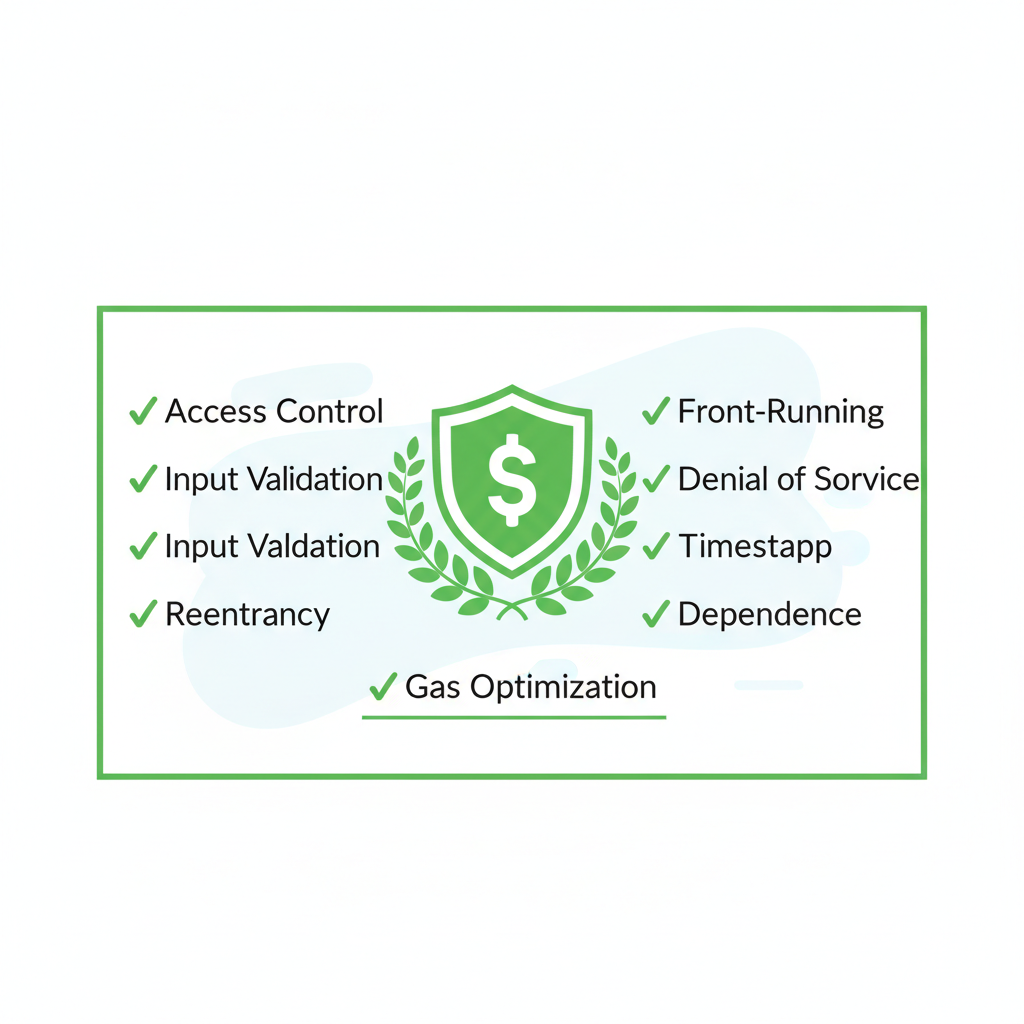 Security audit checklist with green checks on smart contract vulnerabilities, shield icon center