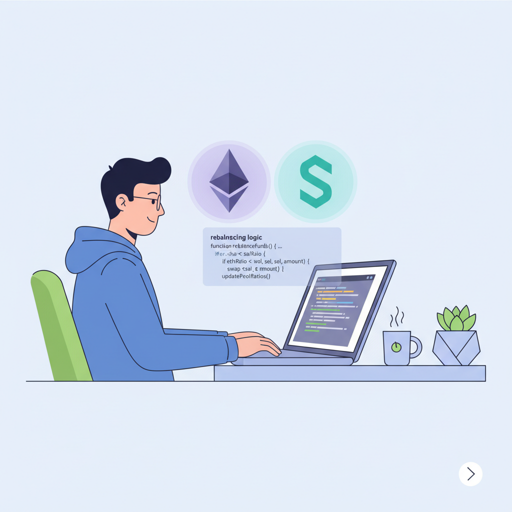 Developer coding smart contract on laptop with Ethereum Solana logos, code snippets rebalancing logic