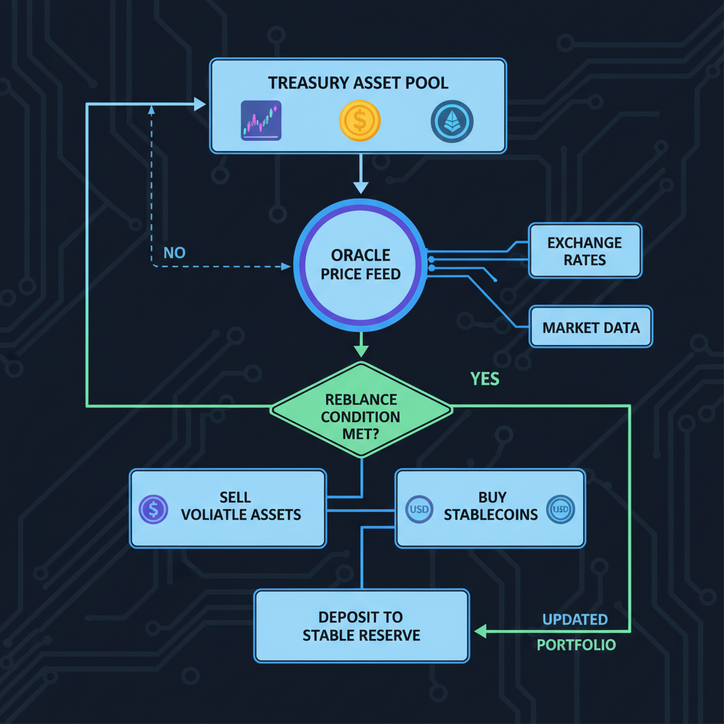Smart contract code flowchart auto-rebalancing treasuries to stablecoins, digital circuit board style