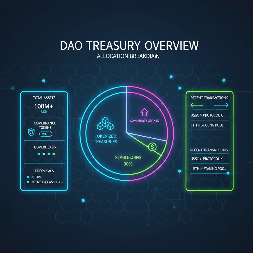 DAO dashboard defining treasury allocation pie chart tokenized treasuries stablecoins, futuristic UI neon glow