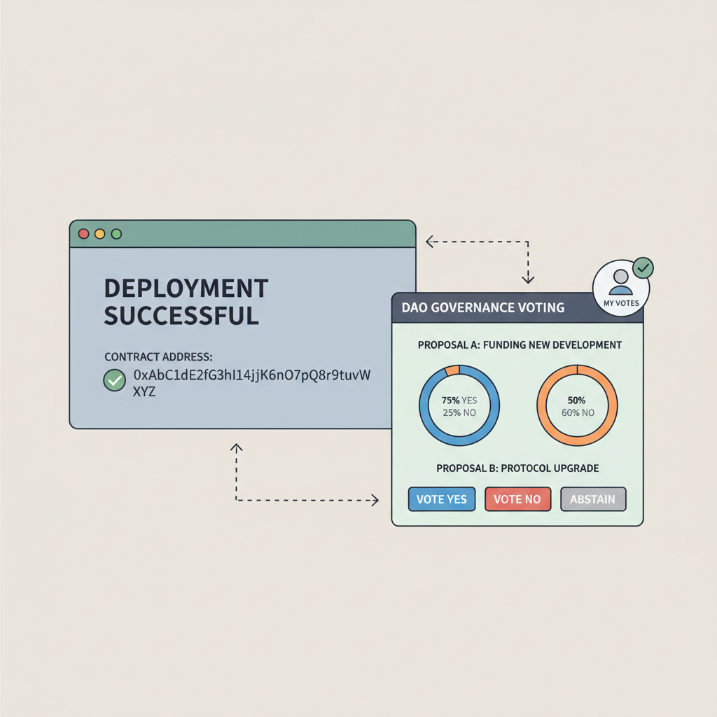 Deployment terminal screen successful contract address, DAO governance voting interface