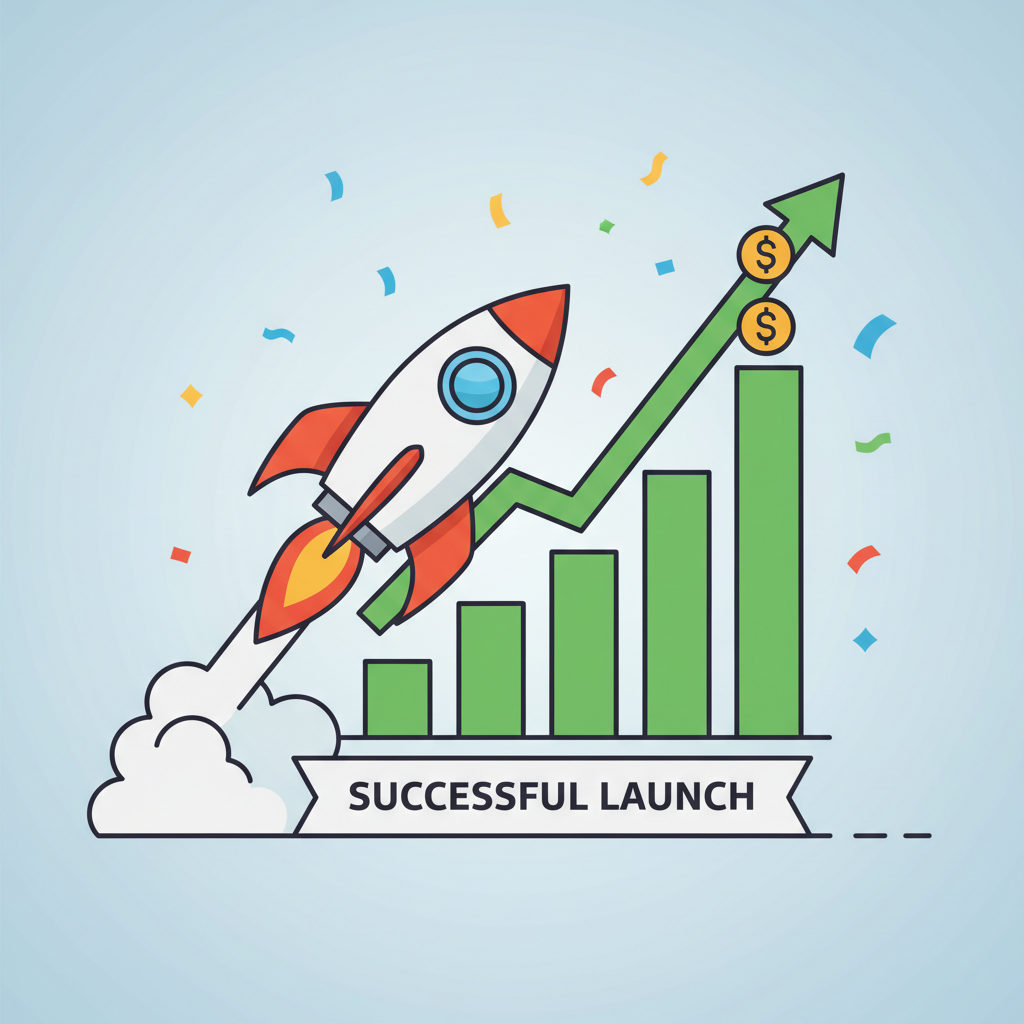 Successful launch rocket blasting off with treasury growth charts upward, celebratory confetti