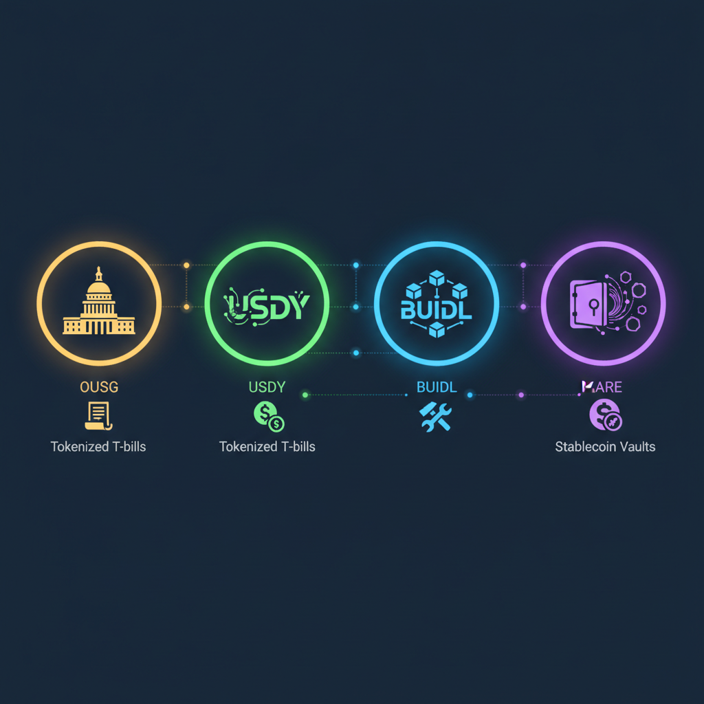 Icons of tokenized T-bills OUSG USDY BUIDL and stablecoin vaults on blockchain networks, glowing assets