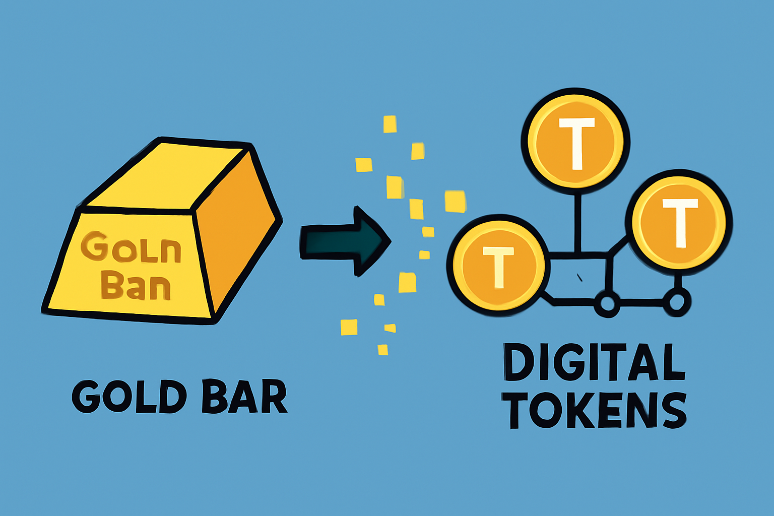 A gold bar transforming into digital tokens on a blockchain, with clear 1:1 ratio visuals