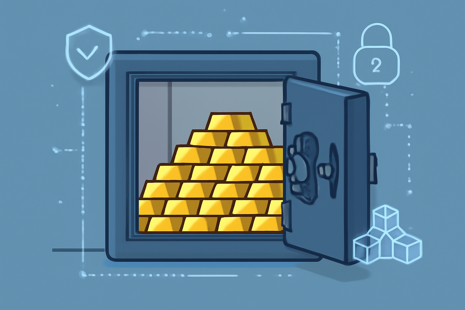 A secure, modern vault filled with gold bars, with digital security overlays and a blockchain symbol