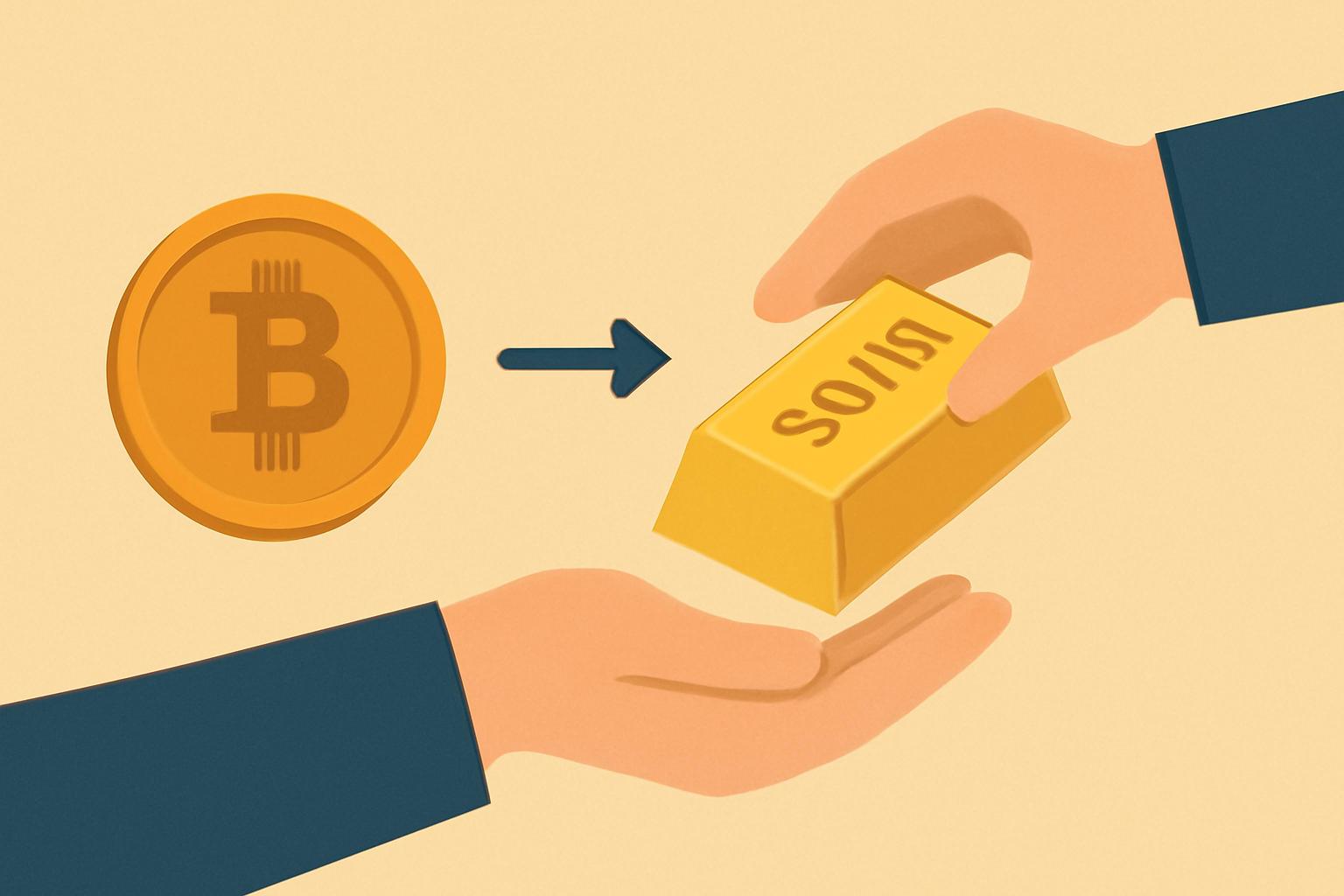 A digital token morphing into a physical gold bar being handed to an investor