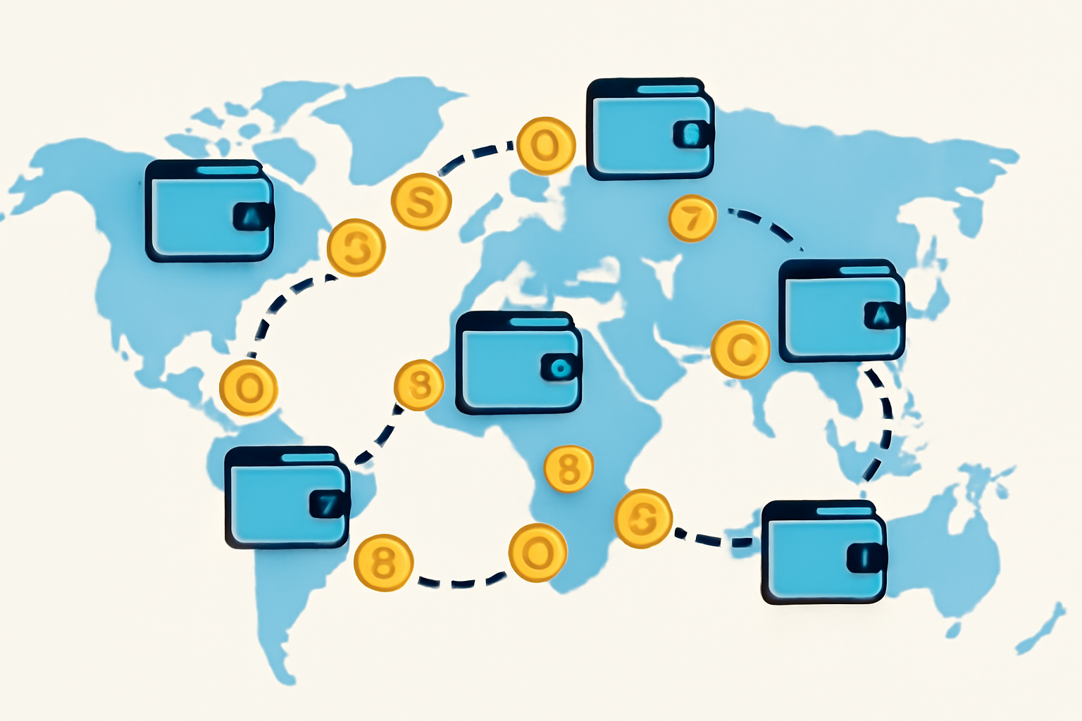 A global network with gold tokens moving between digital wallets across continents