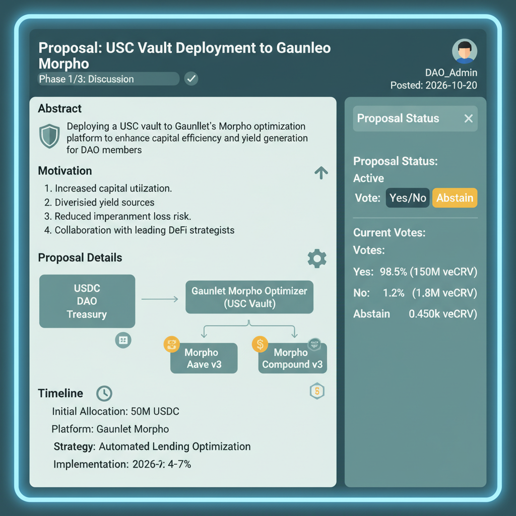 clean screenshot of DAO governance forum proposal for USDC vault deployment to Gauntlet Morpho, professional UI, 2026 style