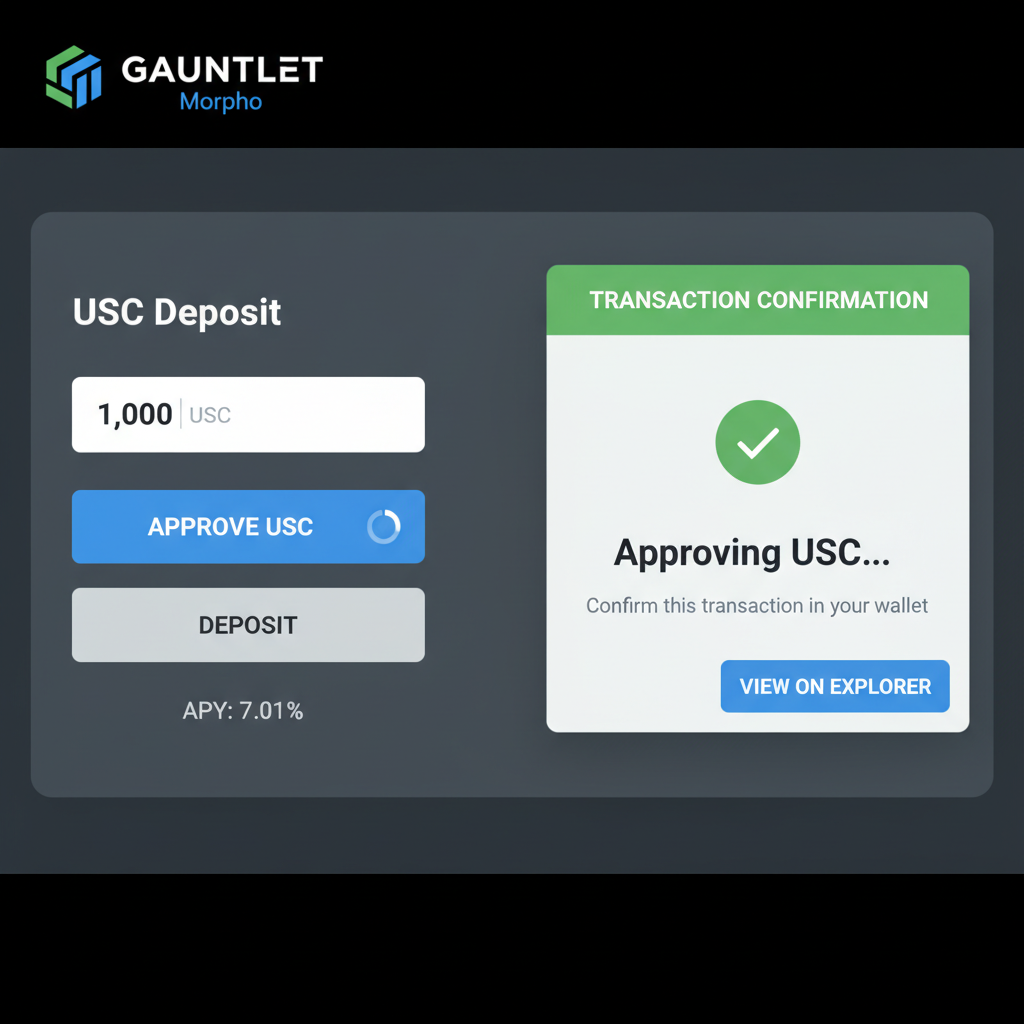 screenshot Gauntlet Morpho interface USDC approve and deposit buttons, transaction confirmation, APY display 7.01%