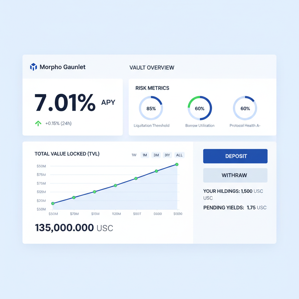 screenshot Morpho Gauntlet vault dashboard showing 7.01% APY, risk metrics, TVL chart, professional UI