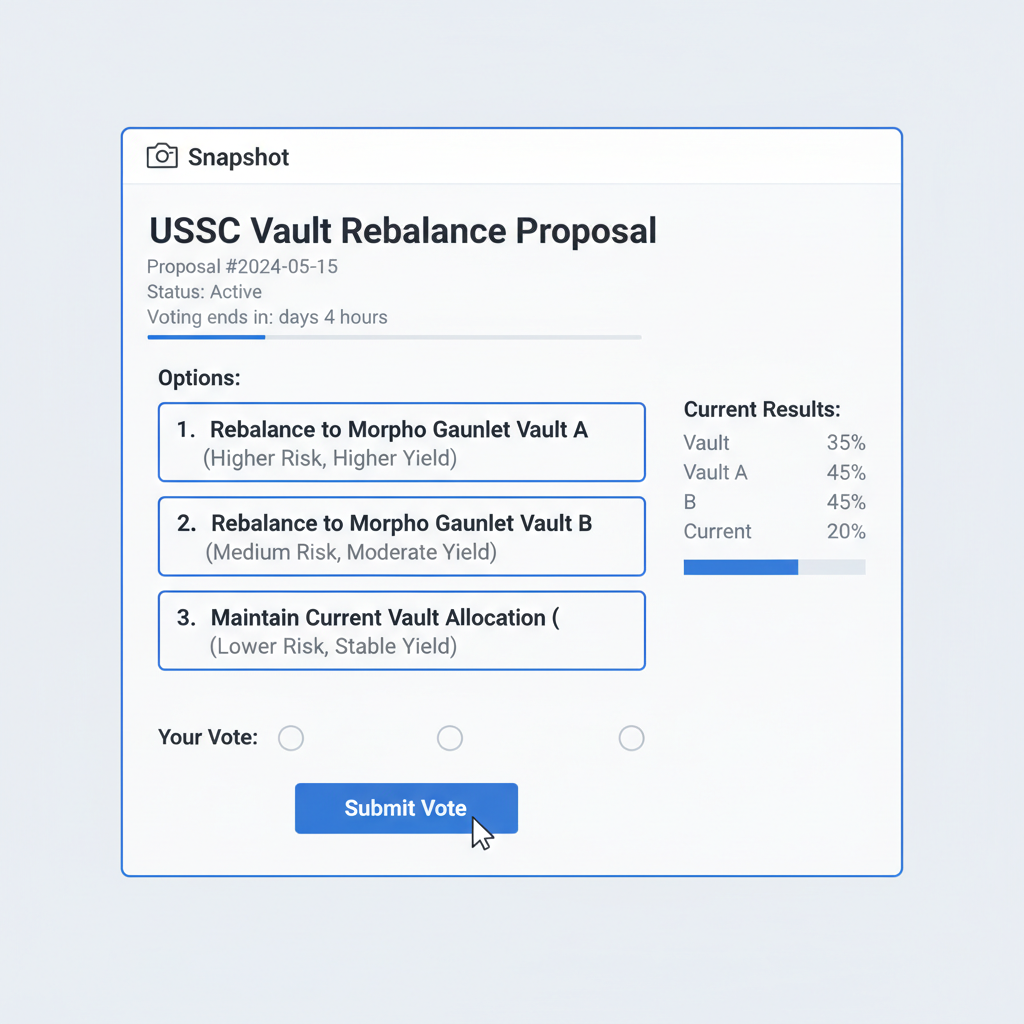 screenshot DAO voting interface for USDC vault rebalance proposal, Snapshot style, options for Morpho Gauntlet vaults