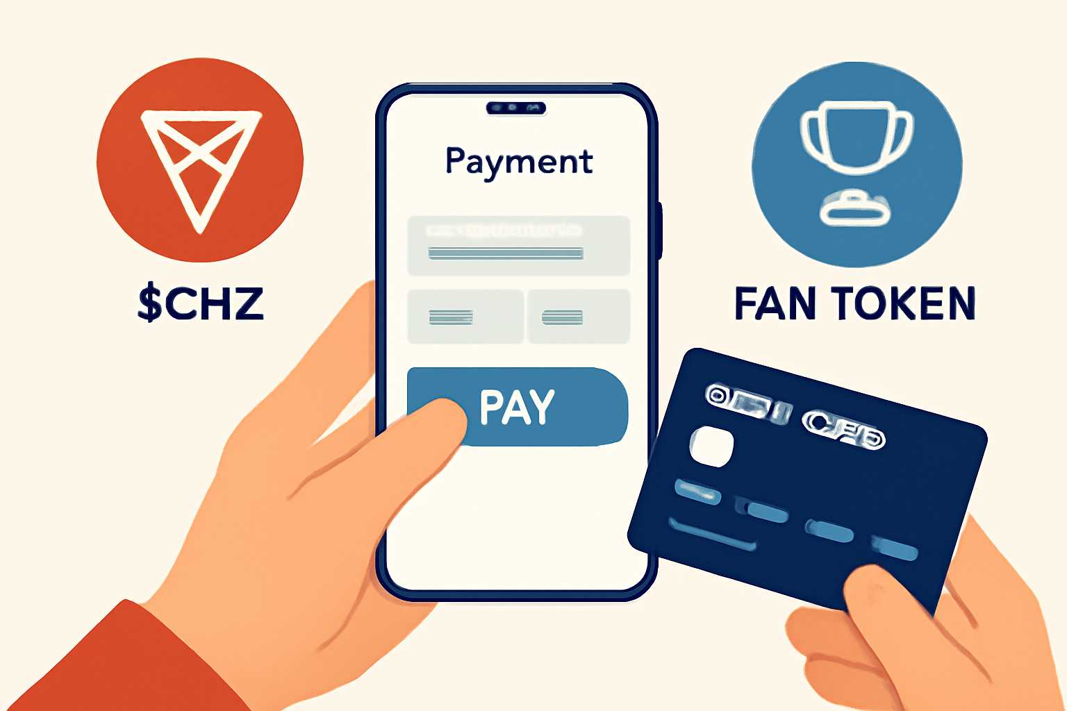 A hand holding a credit card, entering payment details on a mobile app, with $CHZ and fan token icons in the background
