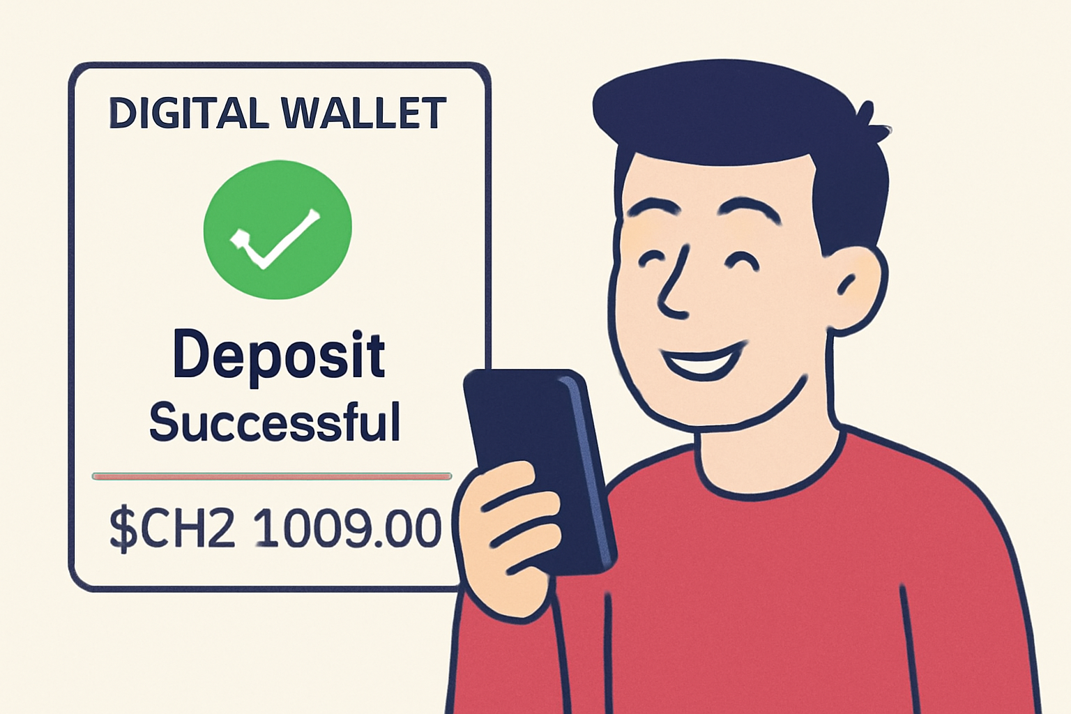 A digital wallet screen showing a successful deposit notification and updated $CHZ balance, user smiling
