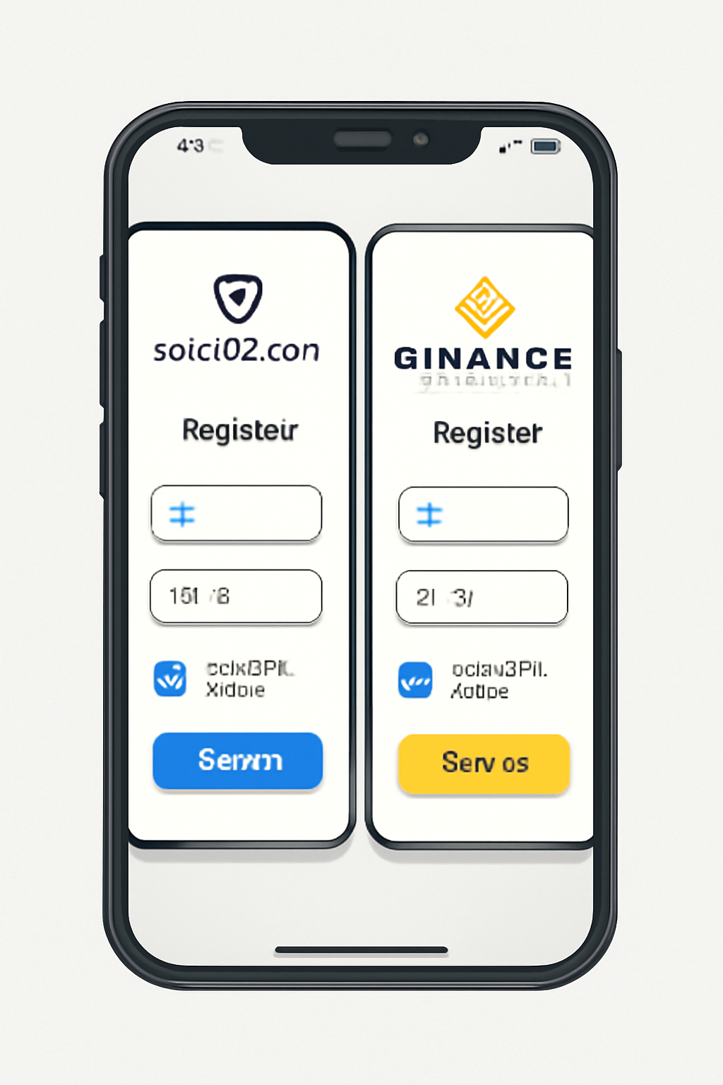 A smartphone displaying the Socios.com and Binance apps side by side, with a user registering on each platform, modern UI, clean background