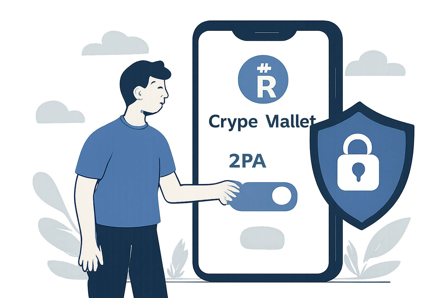 A user activating two-factor authentication on a crypto wallet app, with a shield icon and secure lock imagery